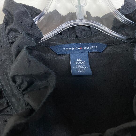 Tommy Hilfiger Popover Blouse Size XXL Black on Black Swiss Dot Ruffled Neck - Picture 3 of 6
